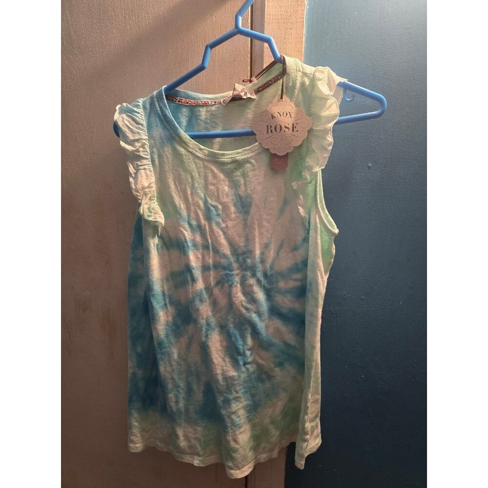 Knox Rose Blue White and Green Tye Dye Shirt With Ruffled Sleeves Size L New